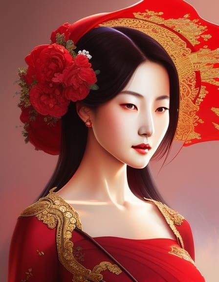 Beautiful Chinese Woman in Red Dress: Art Nouveau Portrait