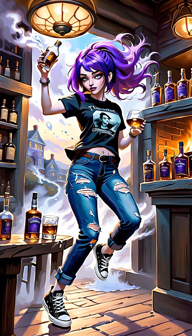 Girl Throws Whiskey Bottle: Ethereal Fantasy Art
