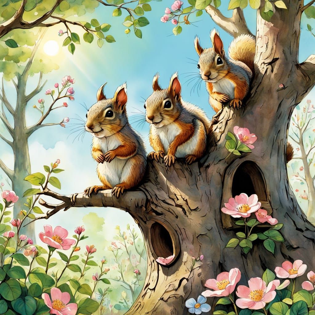 Whimsical Springtime Squirrel Playtime in a Treehouse