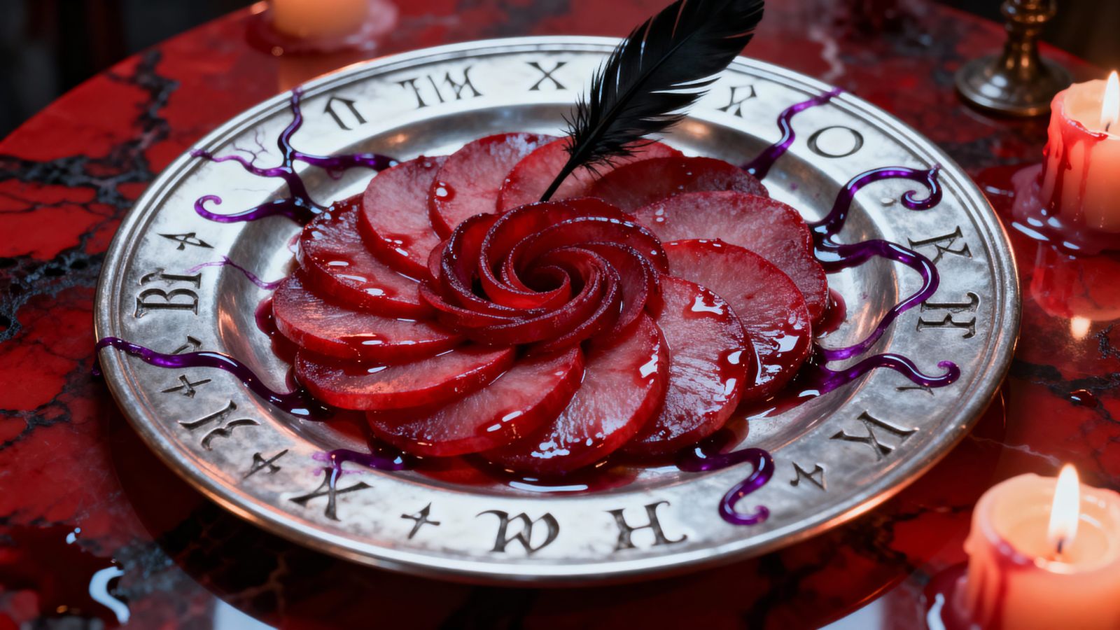 Gothic Vampire Feast: Crimson Slices on Silver Platter