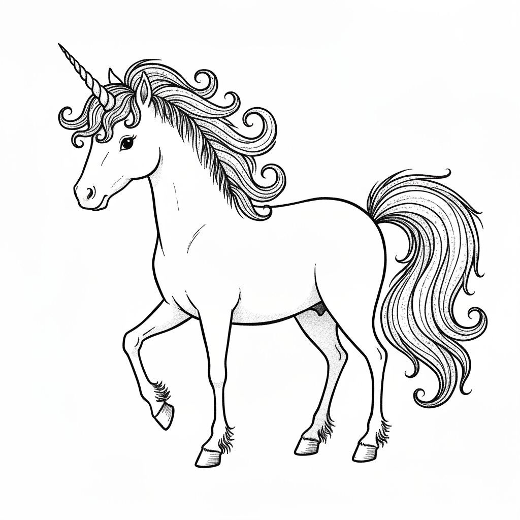 Whimsical Unicorn with Sparkly Mane in Black and White
