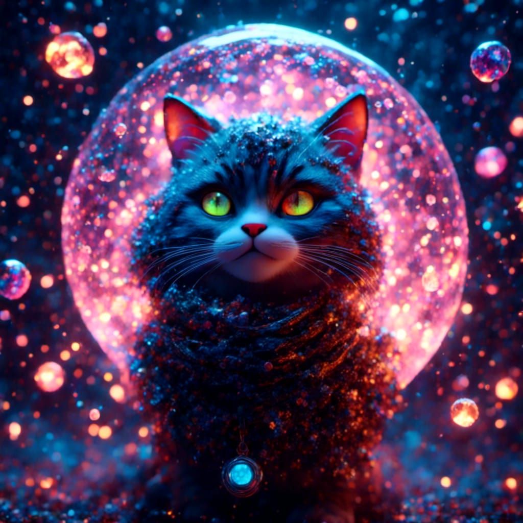 Cyberpunk Cat Exploring Space in UFO
