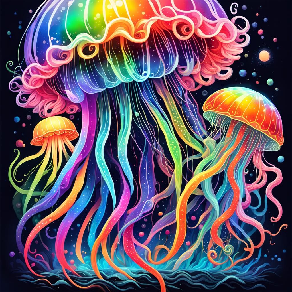Neon Rainbow Jellyfish with Glowing Tentacles