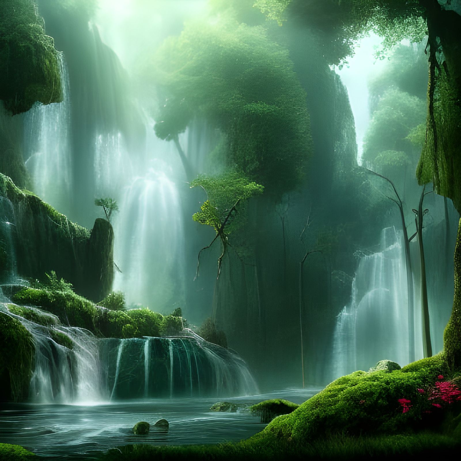 Epic Waterfalls in Lush Forest: Digital Matte Painting