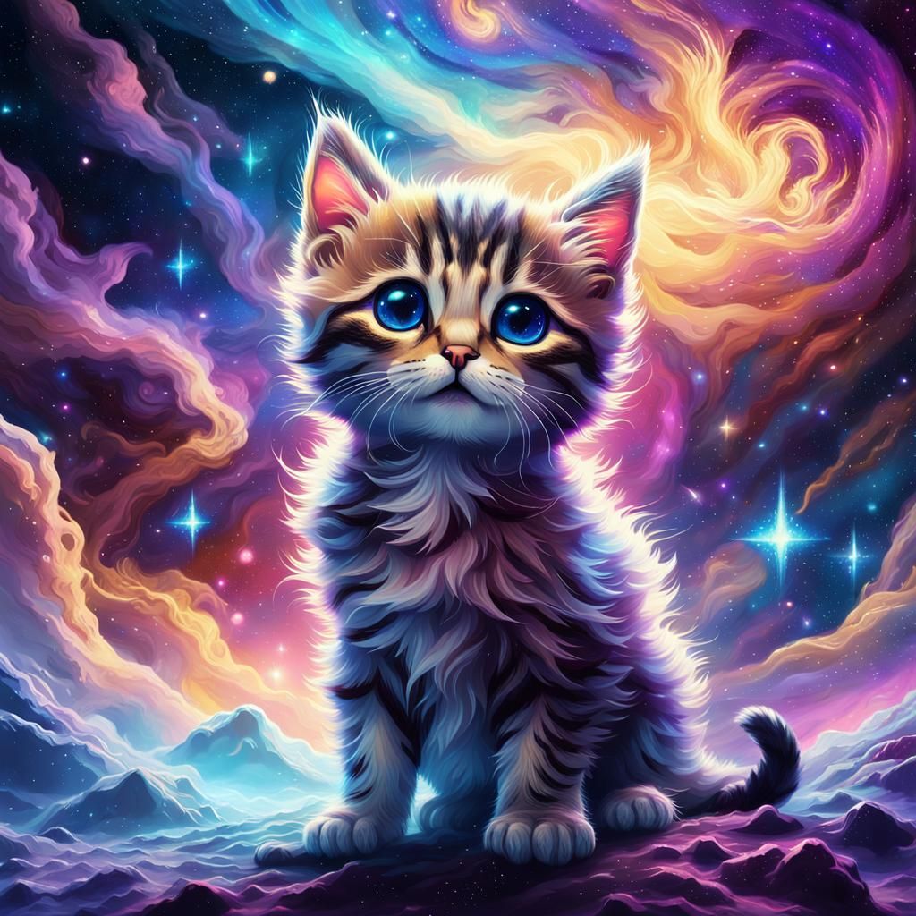 Kitten Exploring Nebula in Sci-Fi Concept Art