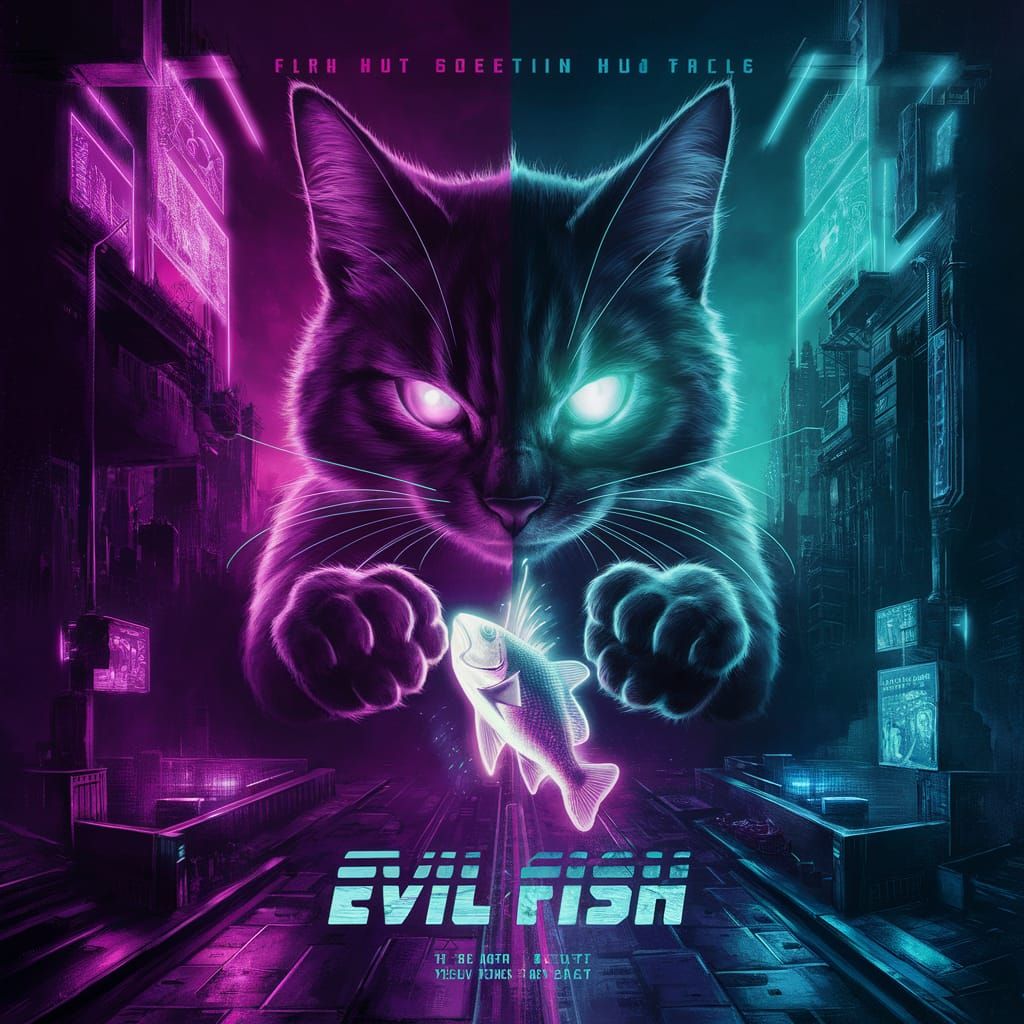Futuristic Vinyl Cover: Neon Cat and Glowing Fish