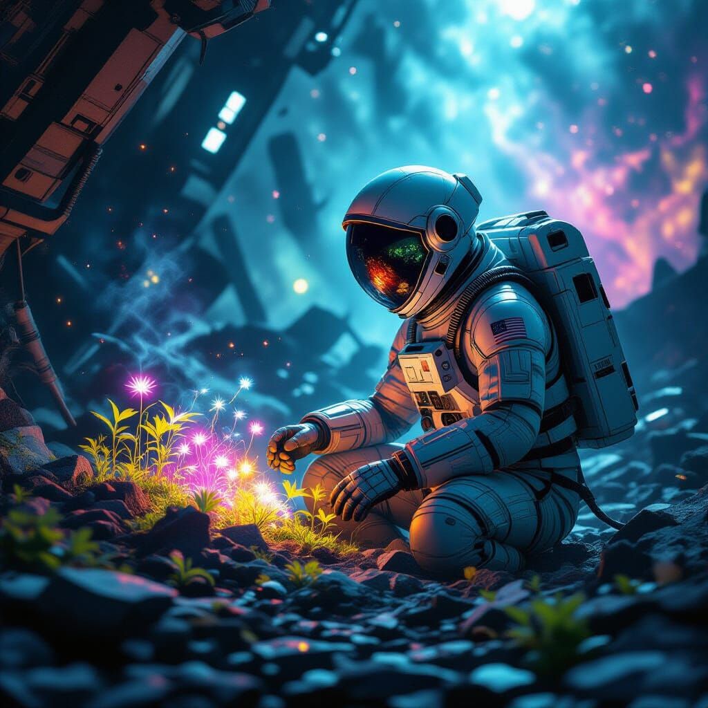 Astronaut Tends Bioluminescent Garden in Spaceship Nebula