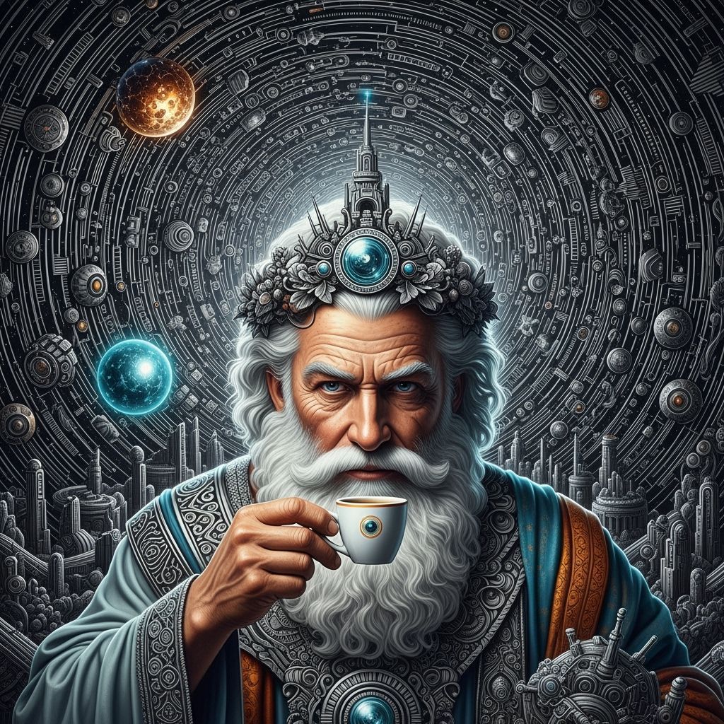Hyperrealistic God Sips Espresso Amidst Psychedelic Patterns