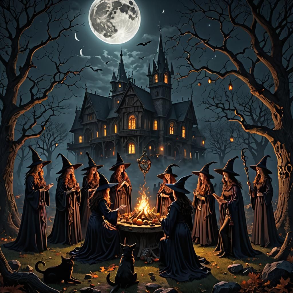 Witches Coven Gathering Under Full Moon