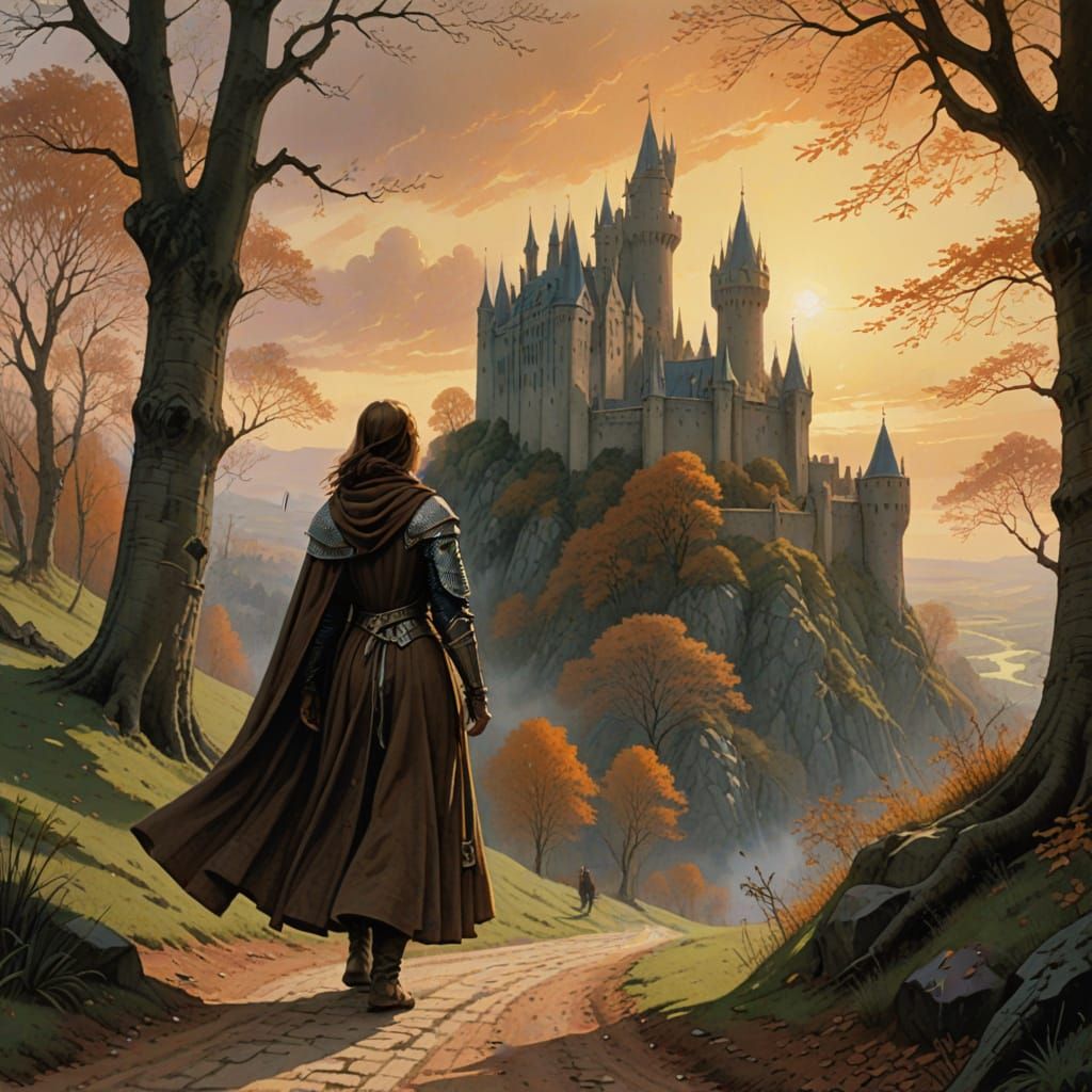 Medieval Fantasy Lady Walking Towards a Castle