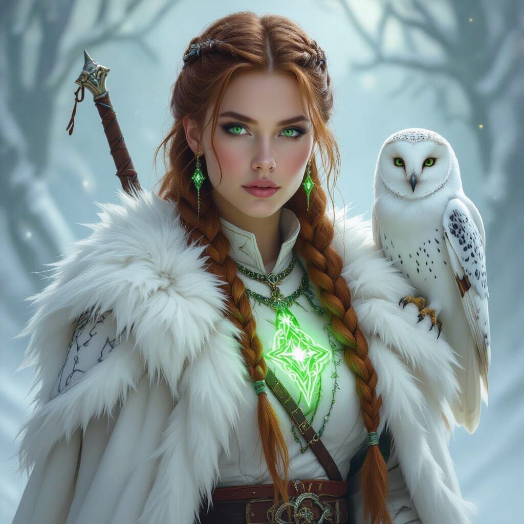 Fantasy Warrior Woman with Magic Runes and Owl Familiar