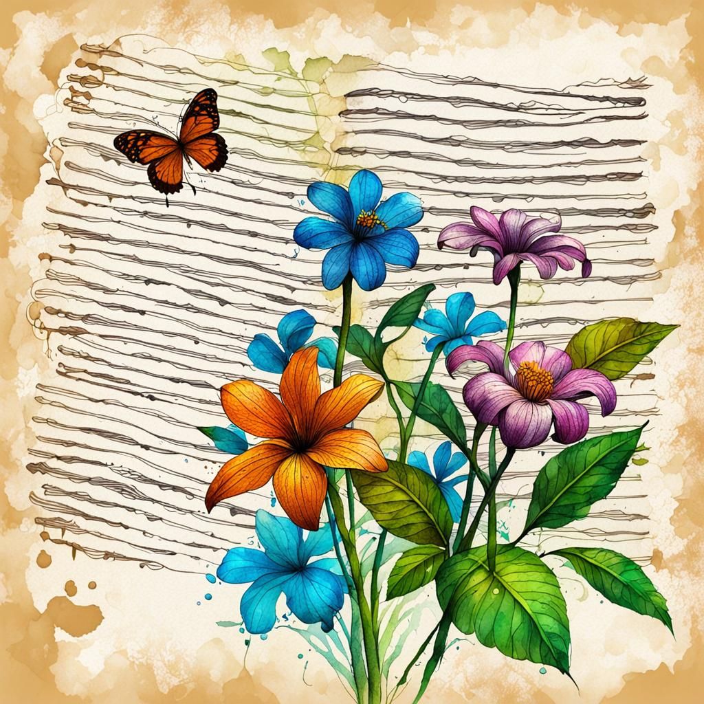 3D Ink Drawing Flowers on Parchment