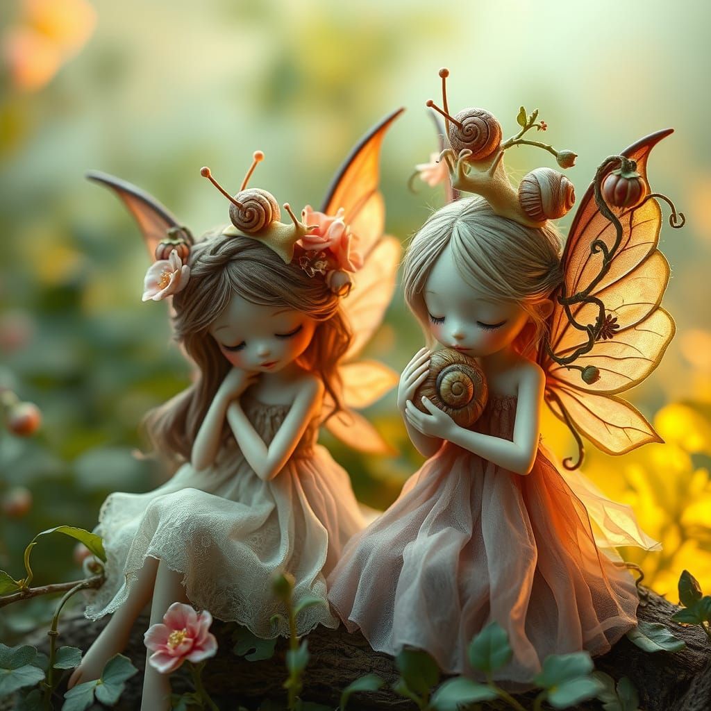 Whimsical Fairies Cradle Snails in Enchanted Forest
