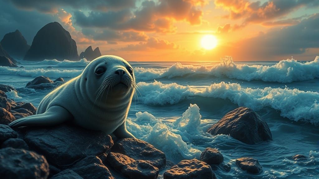 Cute Seal in Ocean Storybook Illustration