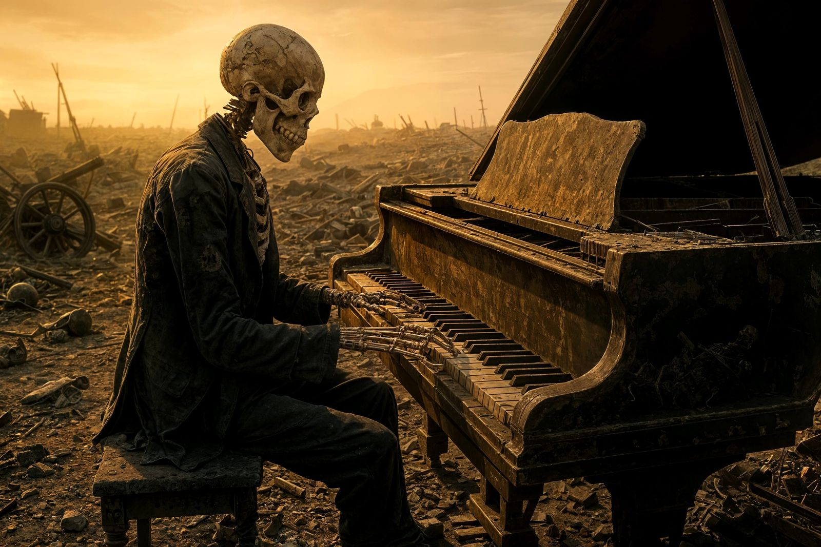 Skeleton Pianist Plays on Battlefield in Digital Art