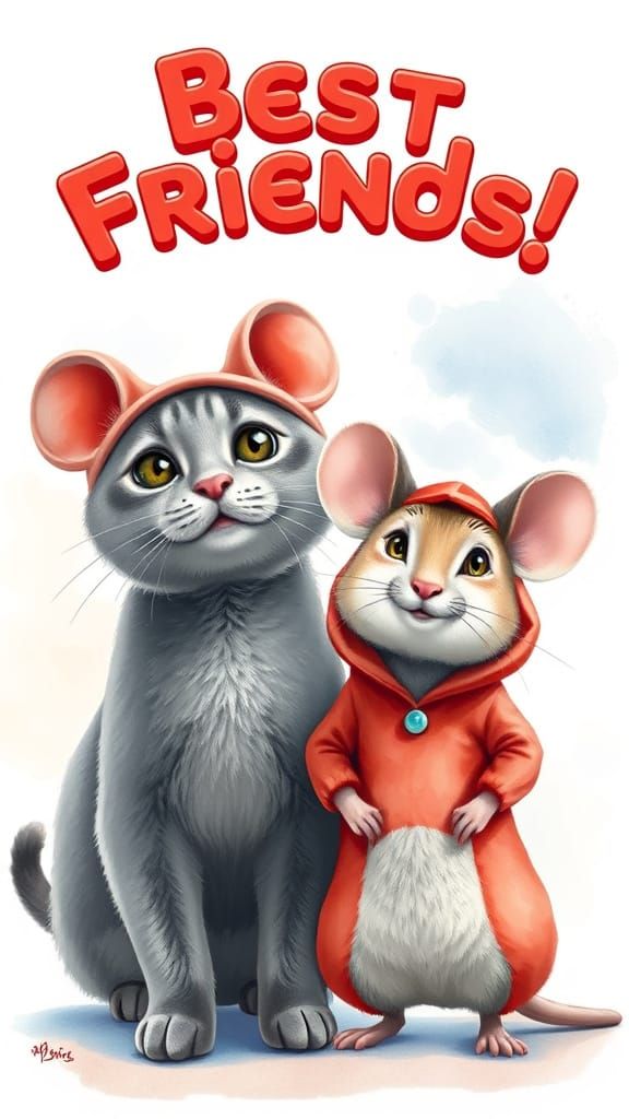 Whimsical Feline and Rodent Friends Embodying Joy and Friend...