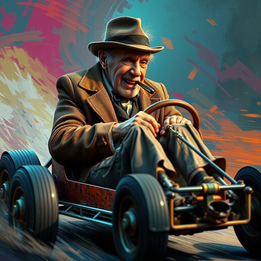 Hyperrealistic Go-Karting Old Man in Splash Art Style