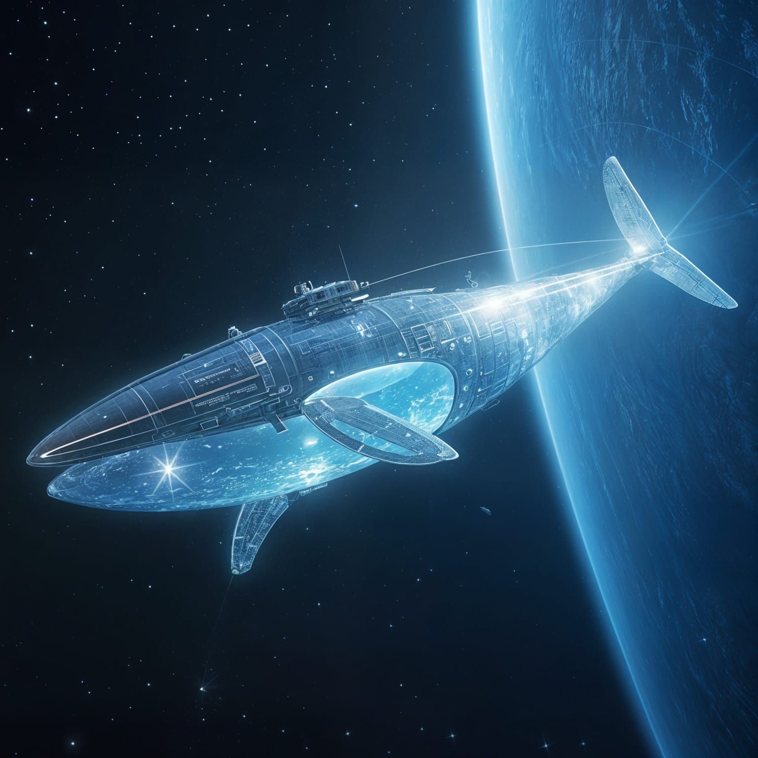 Futuristic Satellite Tethers to Starlight Whale in Cosmic Oc...