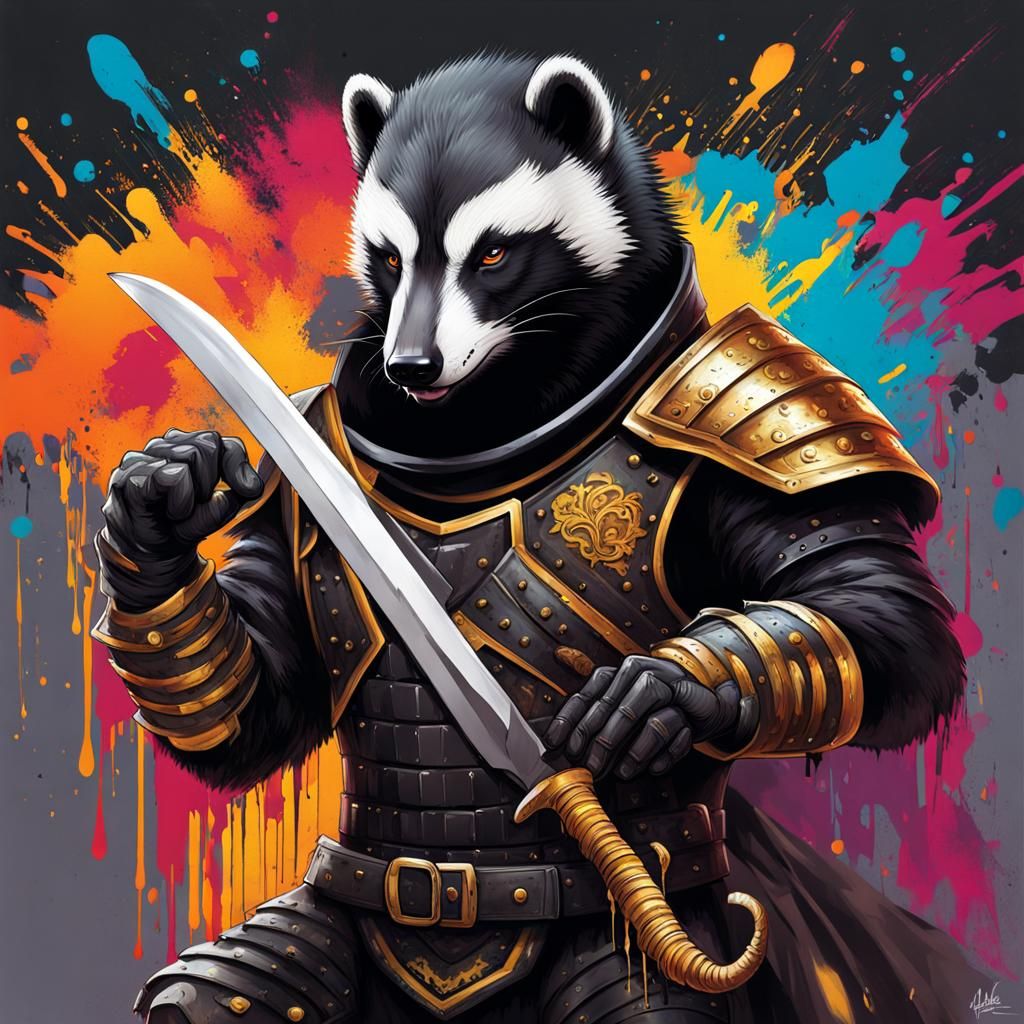 Honey Badger Warrior in Full Plate Armor, Graffiti Art