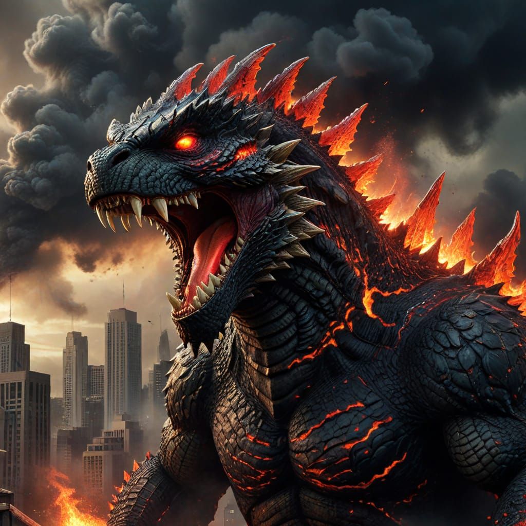 Godzilla Dragon Roaring in City: Comic Book Art