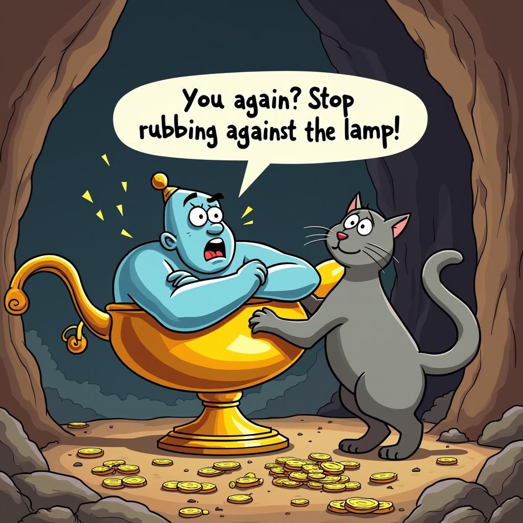 Genie's Annoyance: Cartoon Cat Rubs Lamp