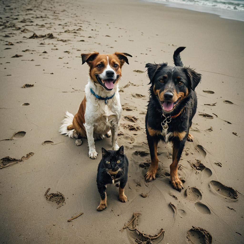 Happy Dog and Cat on a Sunny Beach