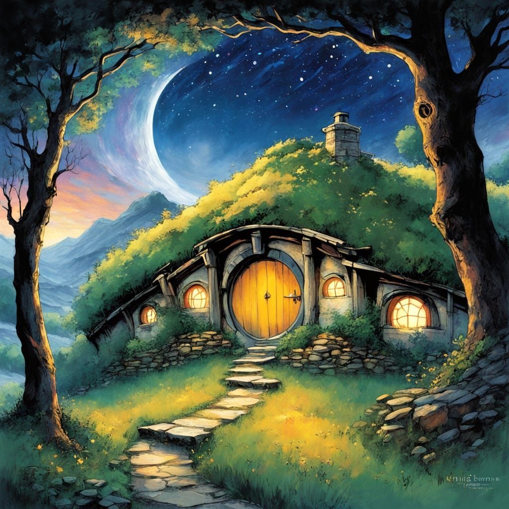 Hobbit Hole Bag End Under Starry Twilight Sky