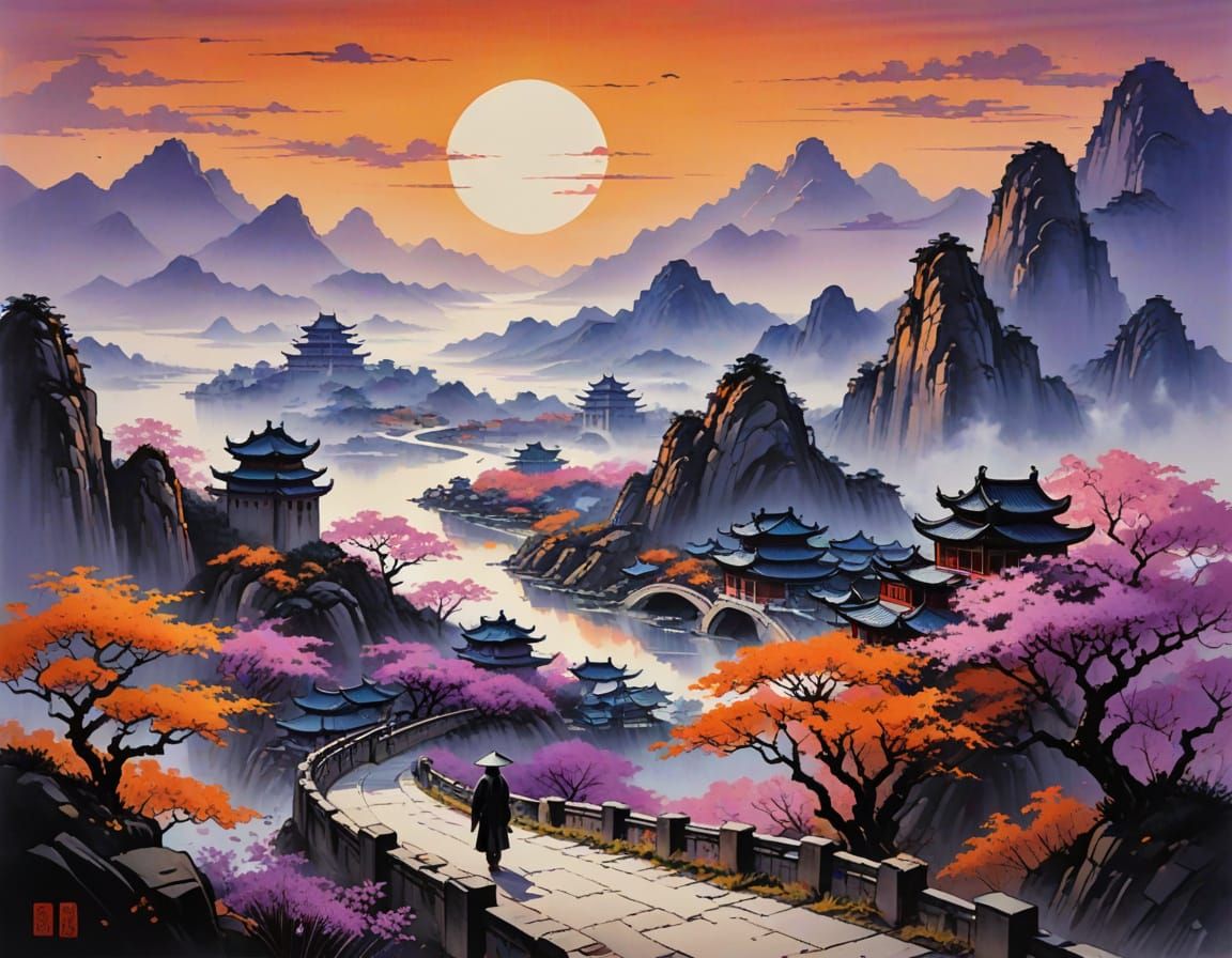 Futuristic Cityscape: Chinese Ink Painting in Synthwave Styl...