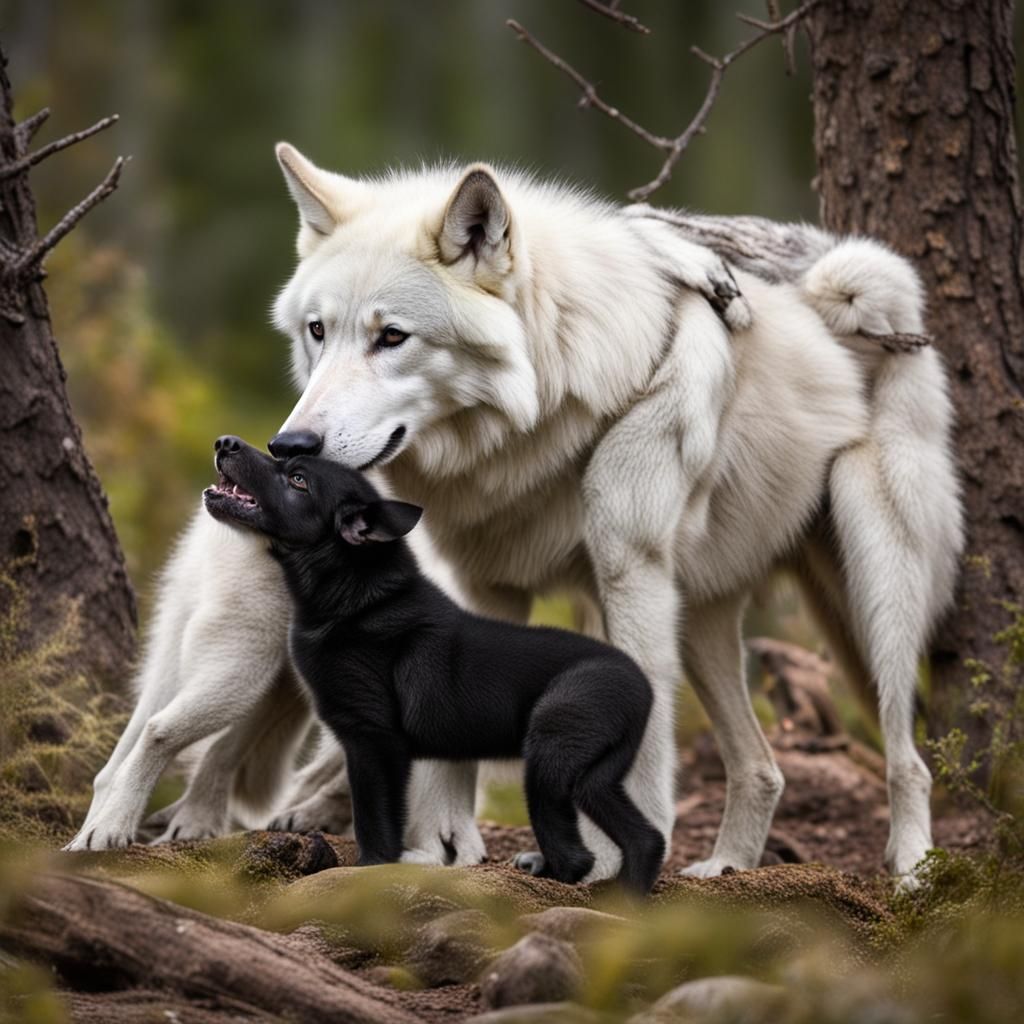 White Wolf Caring for Black Runt Pup