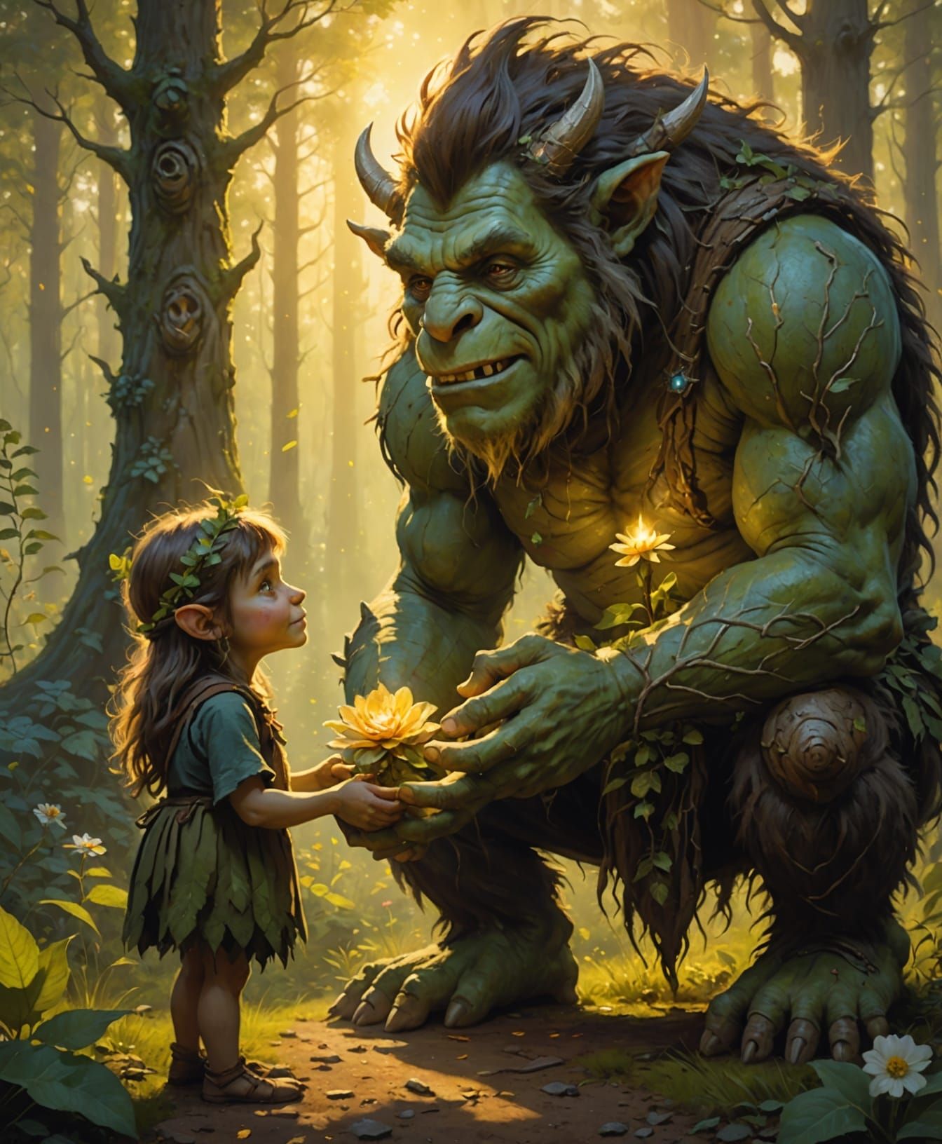 Forest Troll Offers Flower to Child in Glade