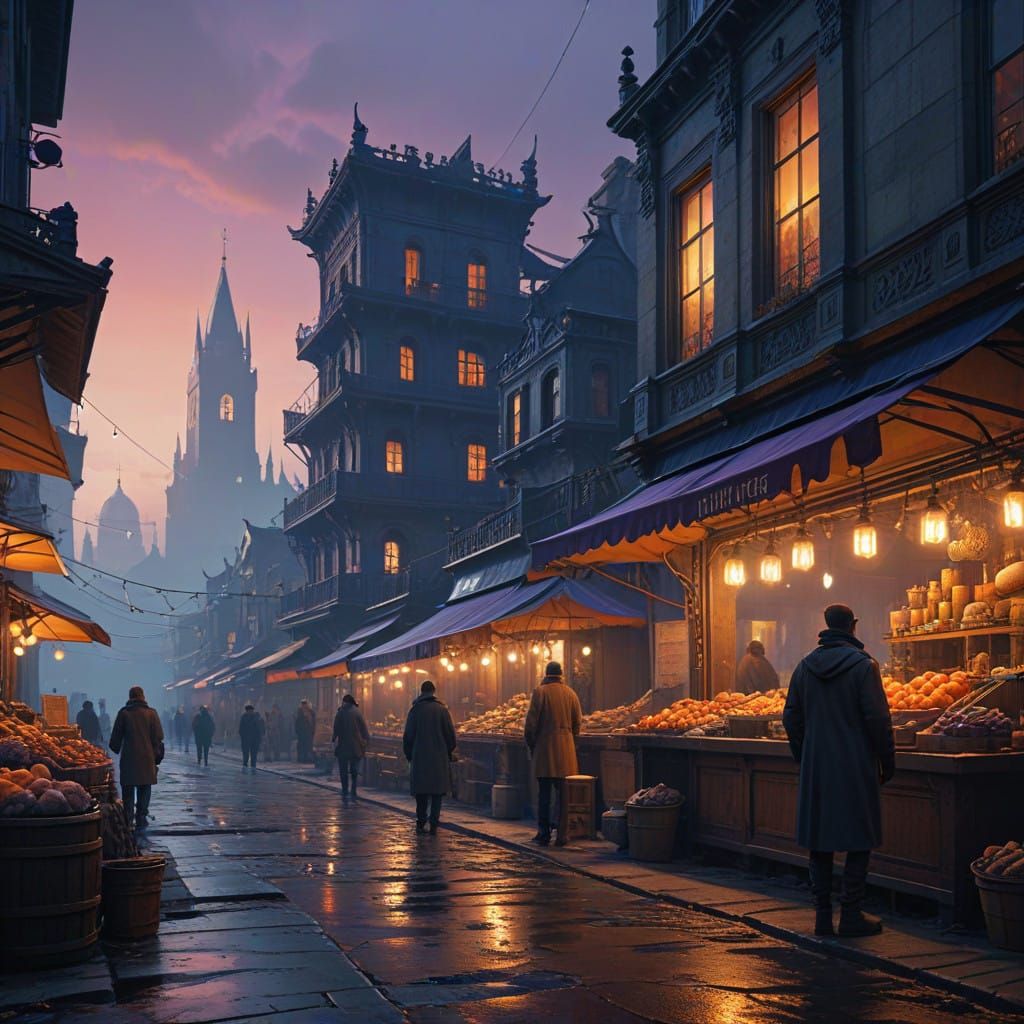 Ancient City Market Scene at Dusk in Realistic HDR Style