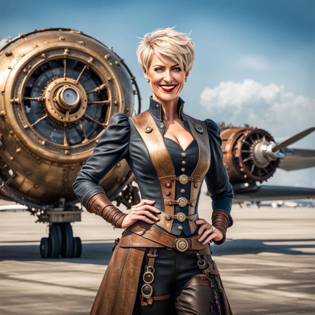 Steampunk Woman on Airfield in Hyper-Realistic Photo