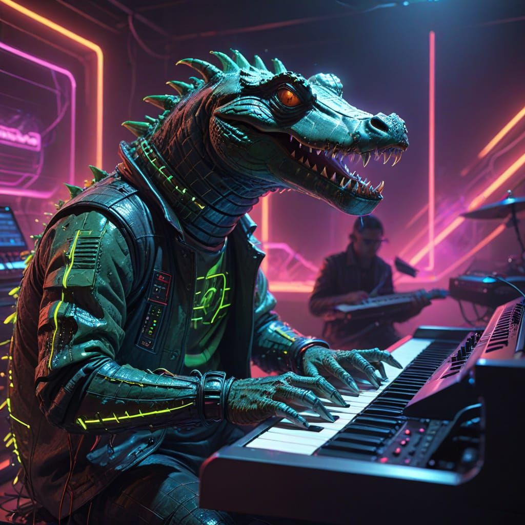 Neon Crocodile DJ in Futuristic Nightclub