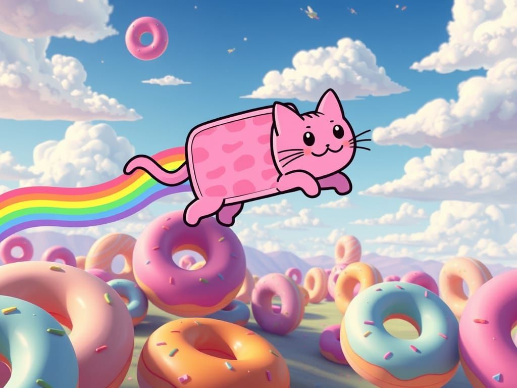 Whimsical Cartoon Cat Soars Above a Rainbow Donut Landscape