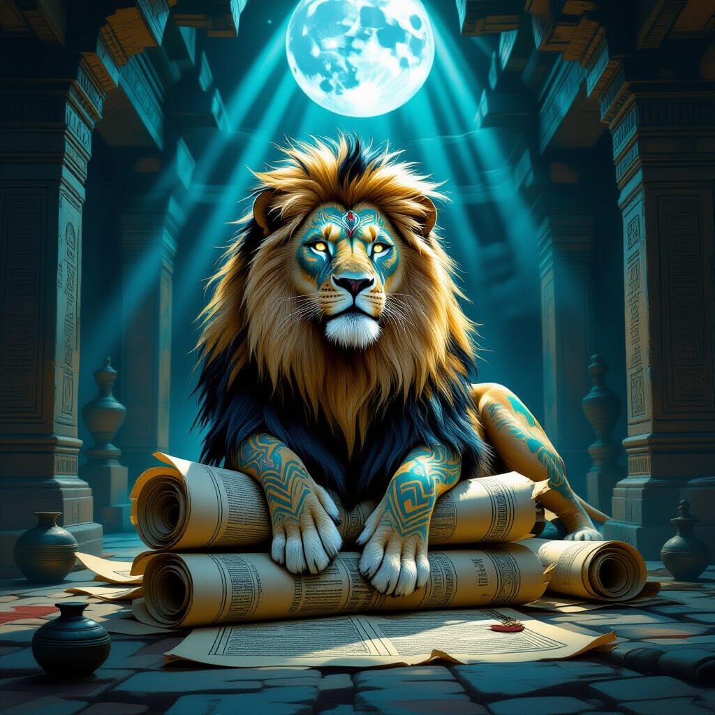 Lion with Tribal Tattoos in Fantasy Temple