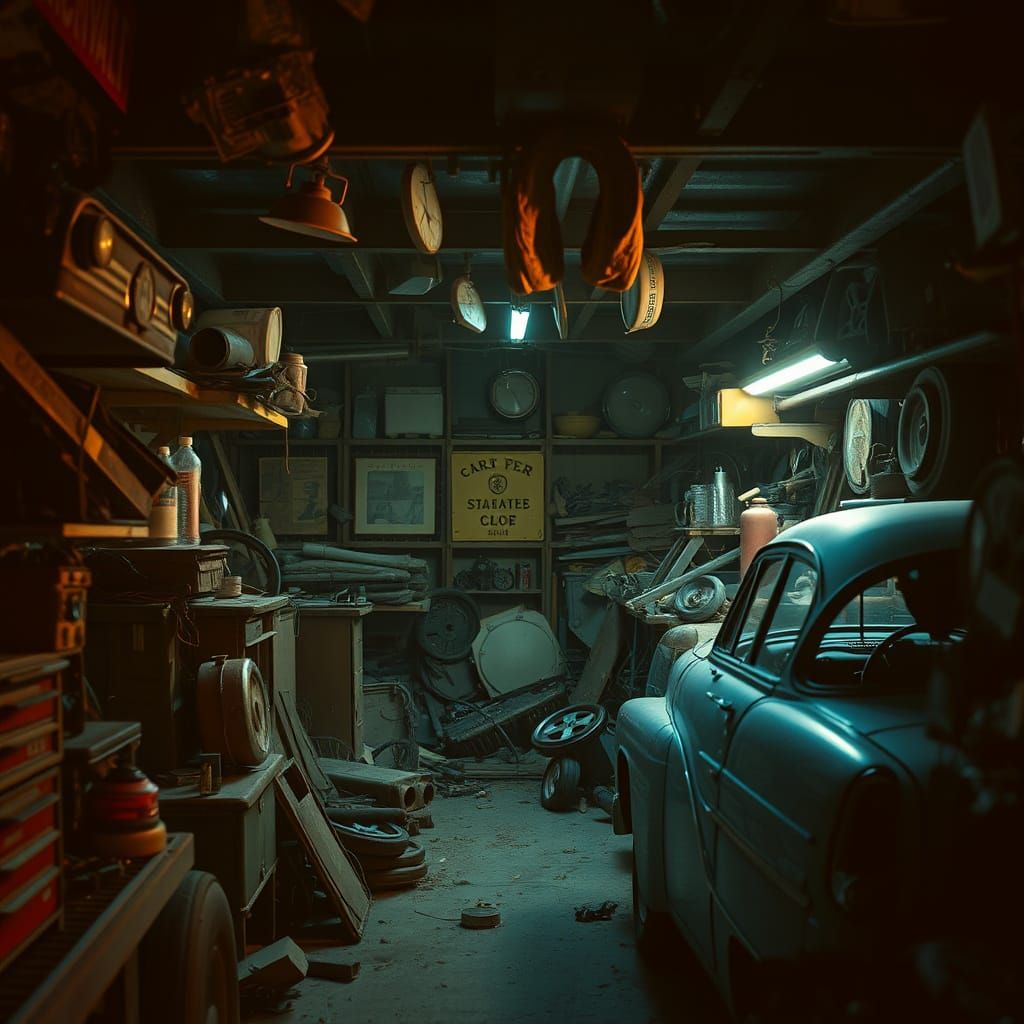 Vibrant, Overstuffed Car Garage in Warm Cinematic Lighting