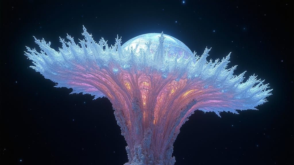 Crystal Entity: Iridescent Mushroom-Shaped Cosmic Form