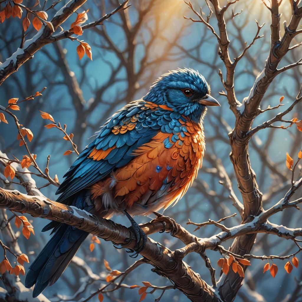 Majestic Bird on Winter Branch, Fantasy Oil Painting