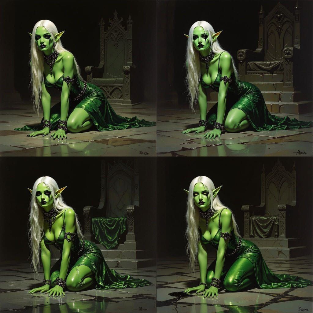 Green-Skinned Woman in Throne Room, Dark Fantasy Art