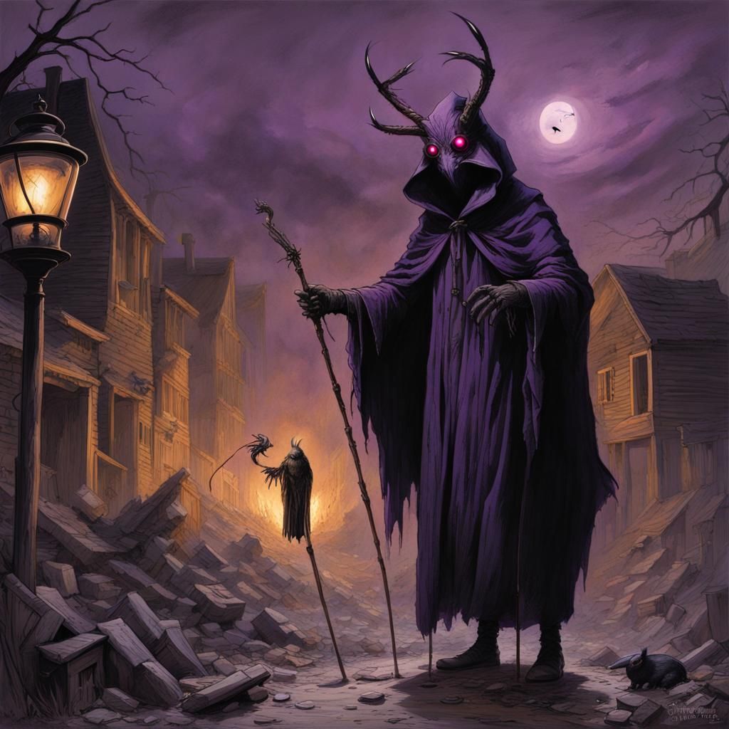 Eerie Figure in Abandoned Town with Purple Lightning