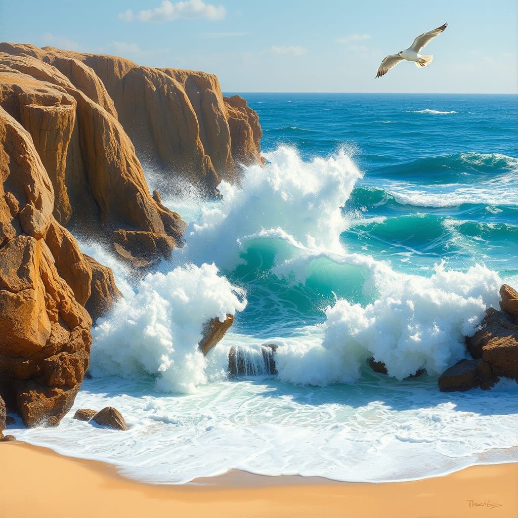 Dramatic Waves Crashing on Rocks in Impressionist Style