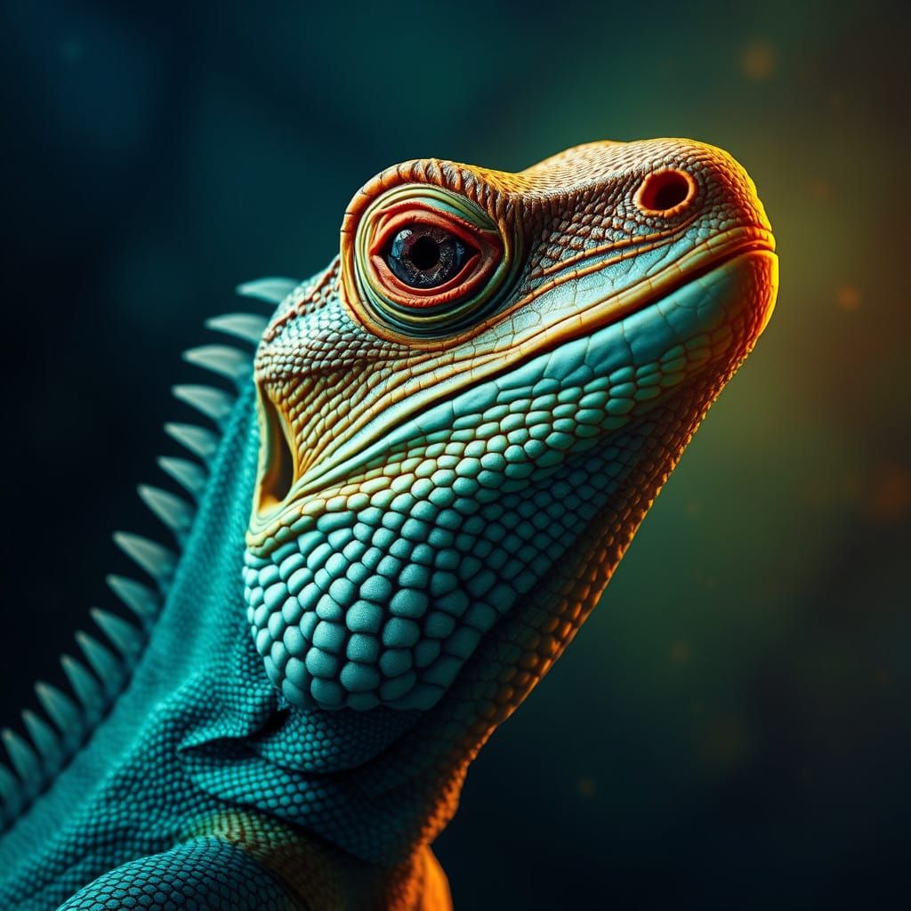 Hyperrealistic Lizard Portrait in Deep Blues and Greens