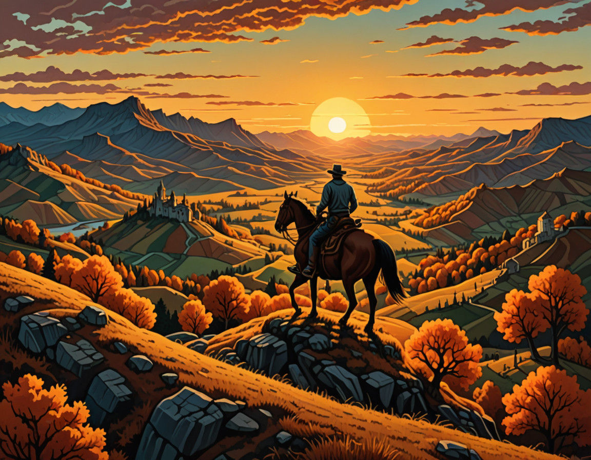 Mind-Bending Cowboy Rides into Autumn Sunset Maze