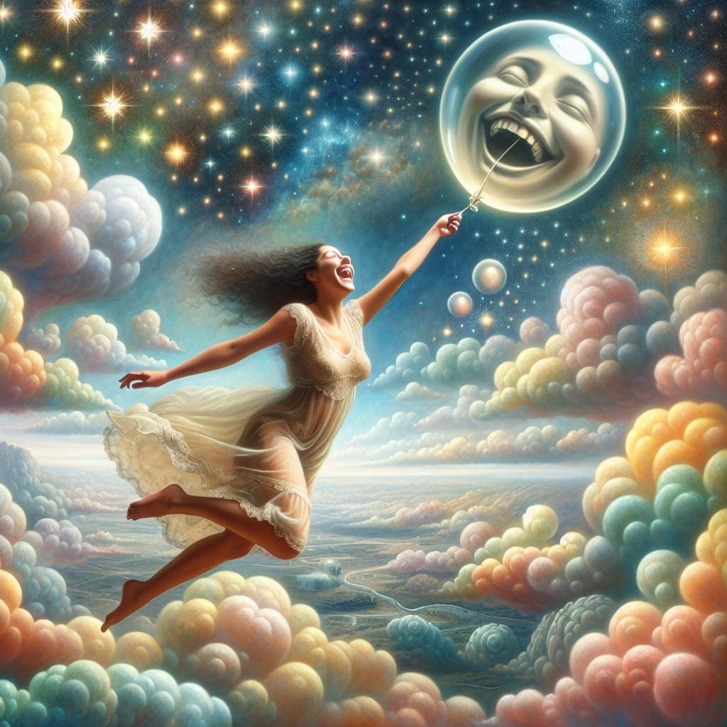 Joyful Woman Floats Upward with Glowing Balloon