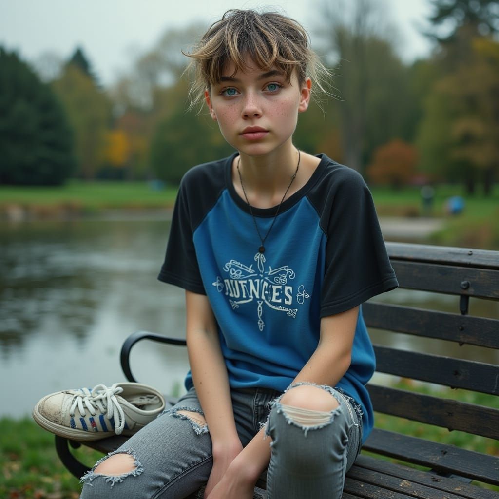 Woman on Park Bench by Pond