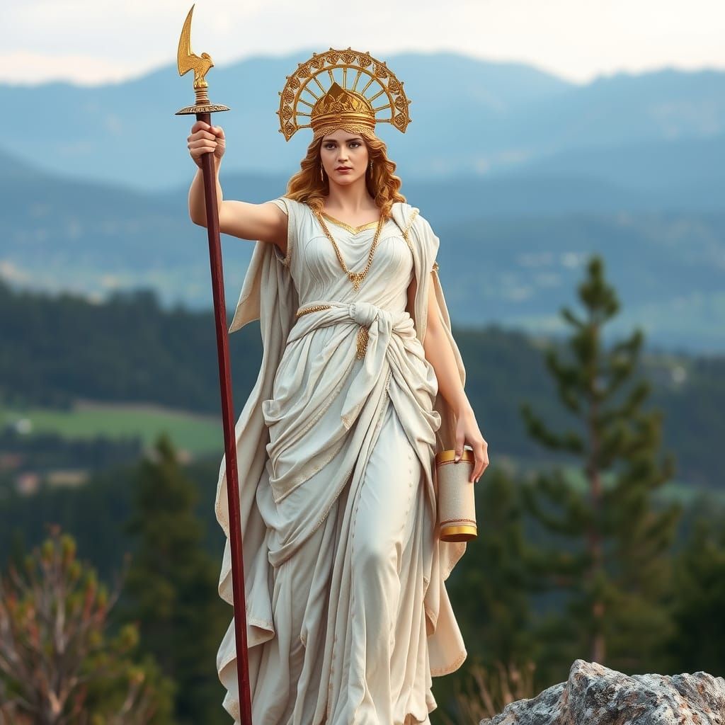 Goddess Athena in Radiant Spring Attire, Inspired by War and...