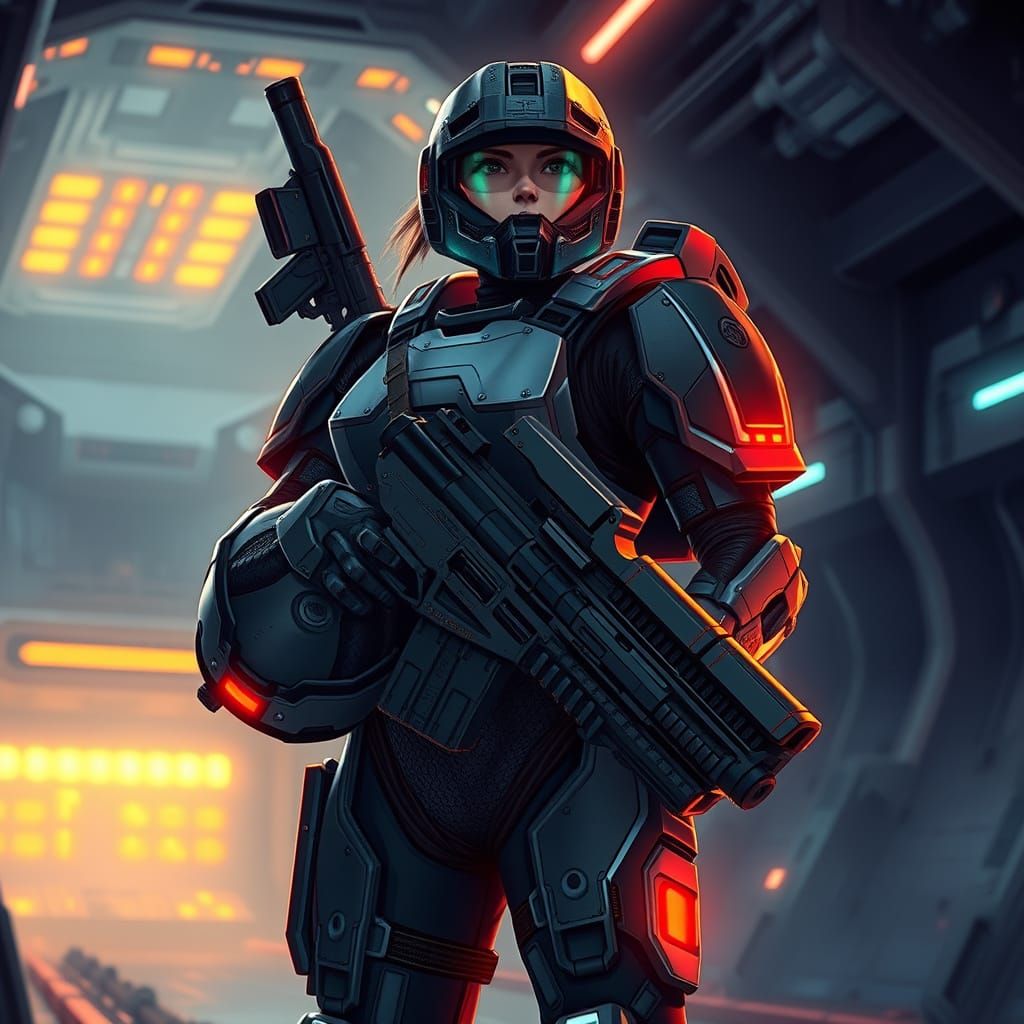 Futuristic Space Marine in Anime-Inspired Sci-Fi Hangar