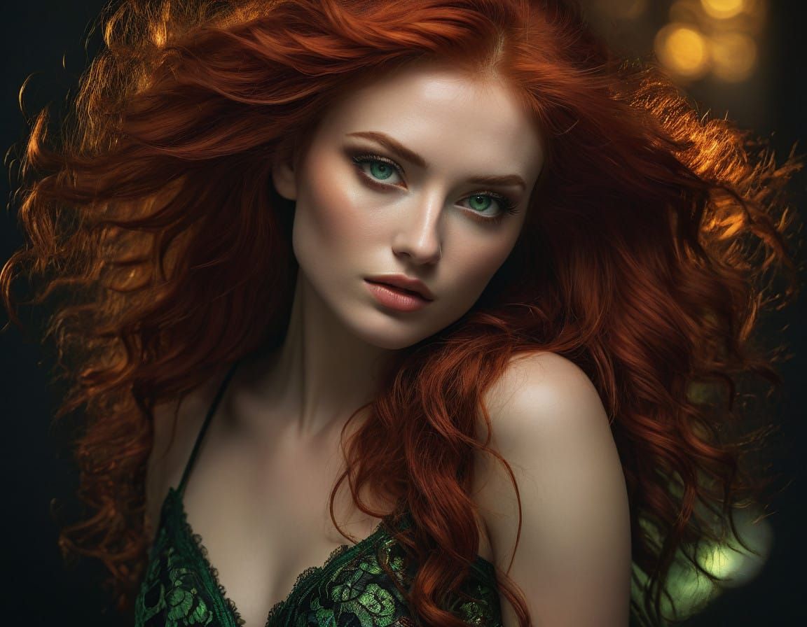 Sultry Hyper-Realistic Portrait with Emerald Eyes and Vibran...