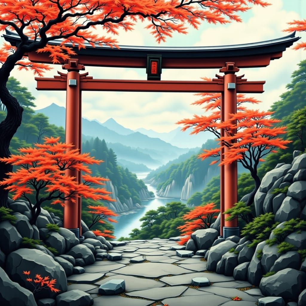 Torii Gate Overlooking Serene Japanese Landscape