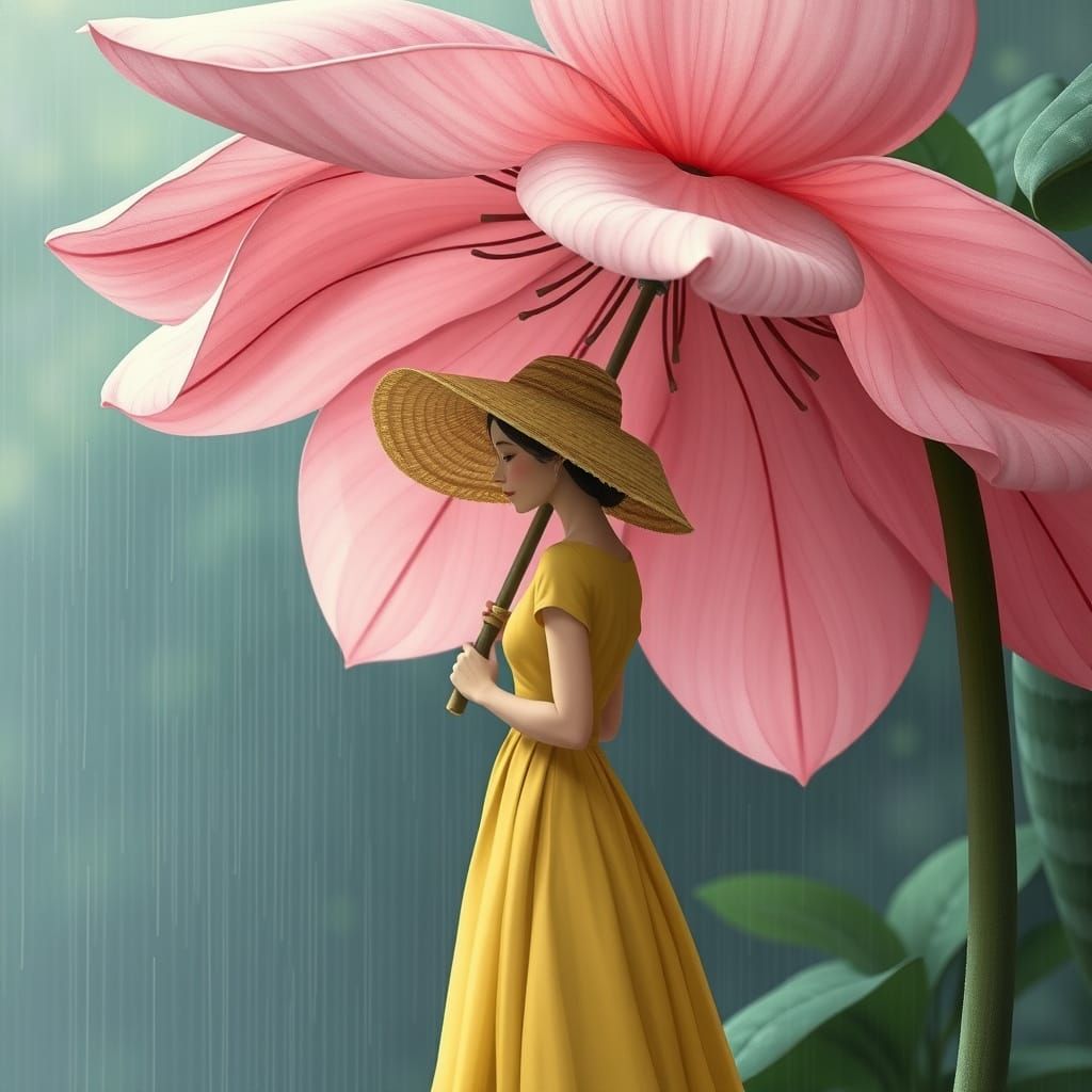 Woman Protected by Flower in Dreamy Style